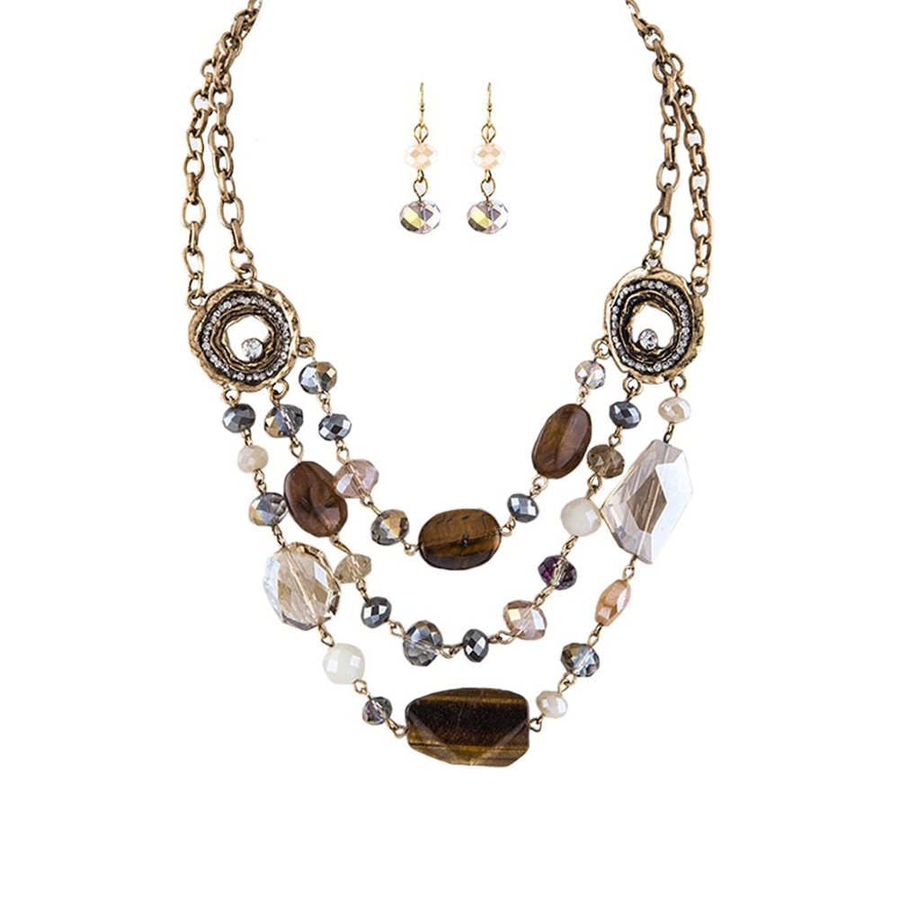 Stones and Crystal Necklace Earrings Set Bundle: Necklace and Bag
